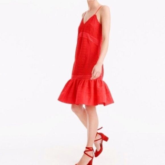 J.Crew Ruffle-hem Spaghetti Strap Eyelet Dress Red, Size 00 - Picture 1 of 11